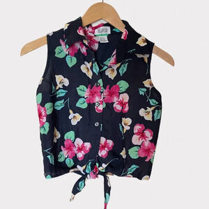 Vintage floral cropped button down tank top small